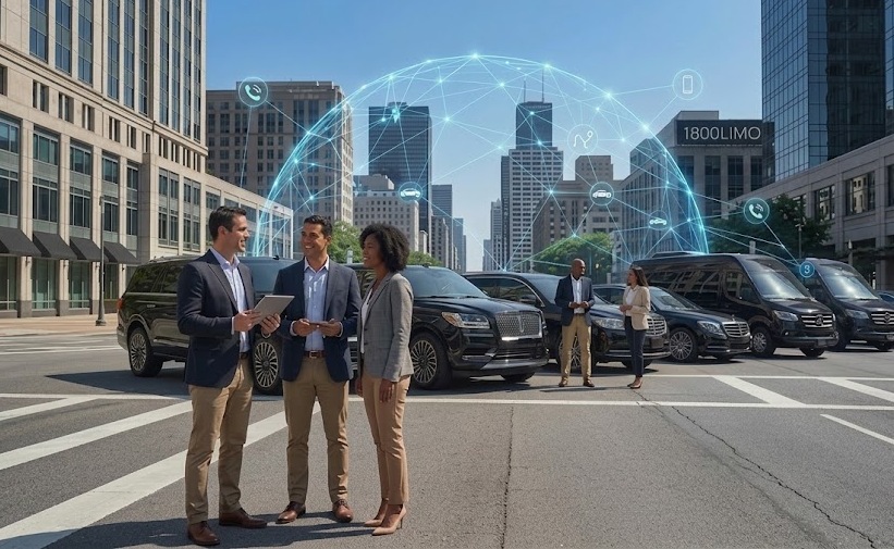 A group of professional men and women in suits stand and talk by luxury black cars in a city, with a digital network graphic overhead.