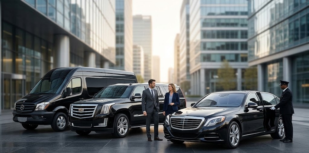 A professional black executive sedan and luxury SUV parked in front of a modern corporate building, representing premium business transportation.