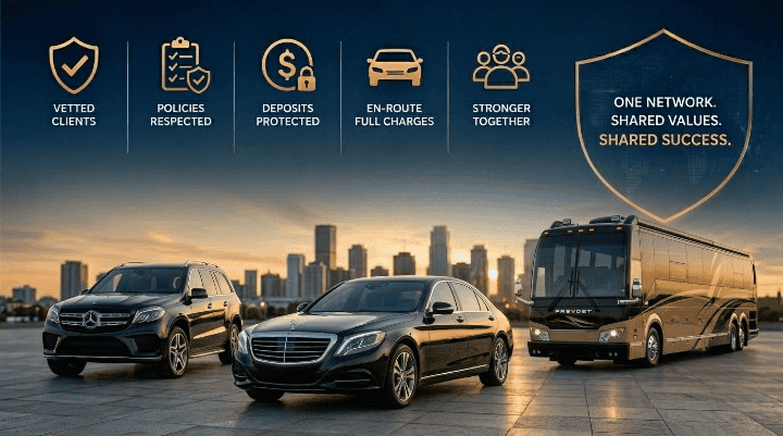 A corporate banner showcasing a full-size luxury sedan, an SUV, and a motor coach parked on an open plaza with a city skyline at sunset.